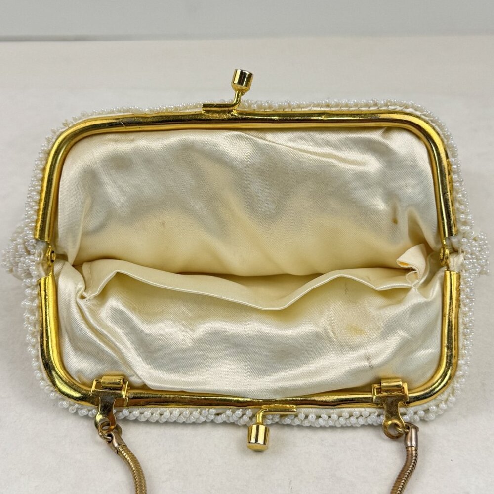 Vintage Womens White Beaded Geometric Floral Evening Bag Small Clutch Purse HK - Picture 6 of 12